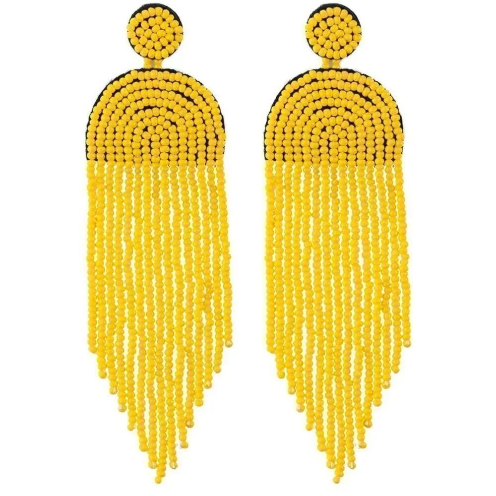Long Boho Yellow Beaded Tassel Fringe Dangling Drop Fan Chandelier Post Earrings